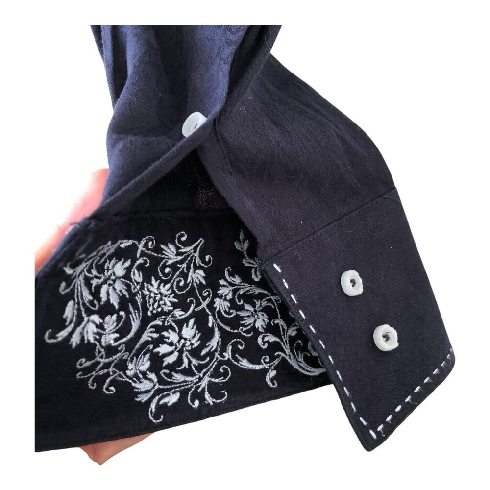 Zagiri Men Navy Long Sleeve Button Down White Stitching Emroidery Dress Shirt XL - Picture 6 of 16